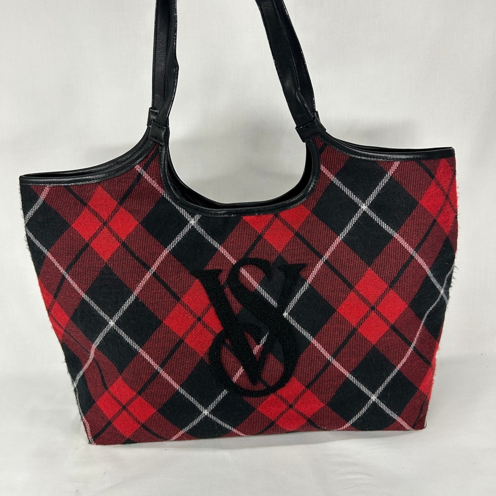 Victoria's Secret Red & Black Plaid Wool Tote Bag